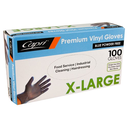 GLOVE EXTRA LARGE DISPOSABLE BLUE VINYL PWDER FREE 100S(10) # C-GV0017 CAPRI