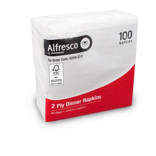 NAPKIN DINNER 2PLY WHITE GT FOLD FSC MIX CREDIT 100S(10) # N2DW-GT-F ALFRESCO