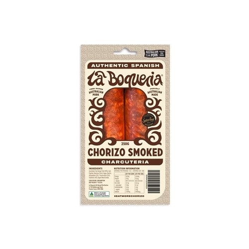 CHORIZO SMOKED RETAIL FREE RANGE 250GM (1) # MTLBCHOFRRG LA BOQUERIA