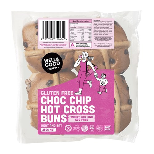 HOT CROSS BUNS CHOC CHIP GF (8 X 4 X 70GM) # HCB 70gr Choc WELL & GOOD